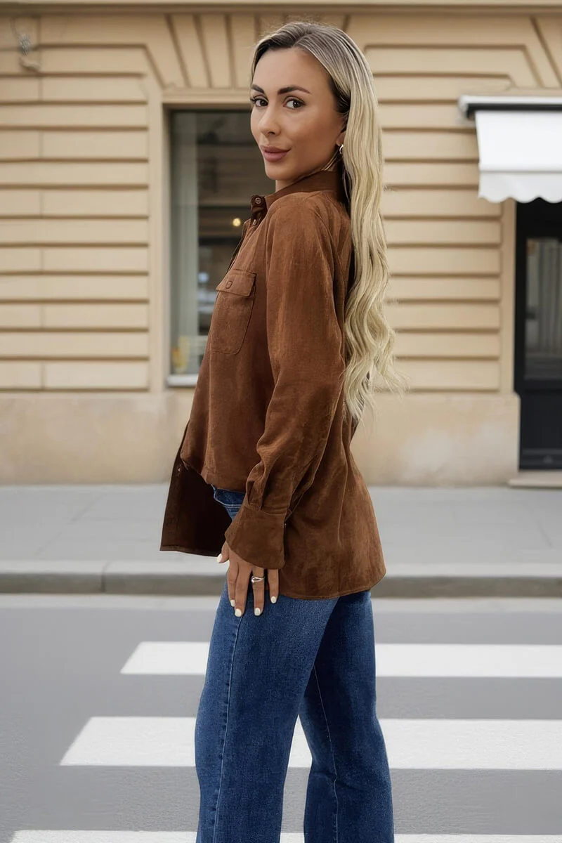 Tan Faux Suede Long Sleeve Utility Shirt - Image 4