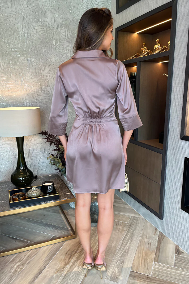 Taupe 3/4 Sleeves Gathered Waist Detail Satin Mini Dress - Image 5