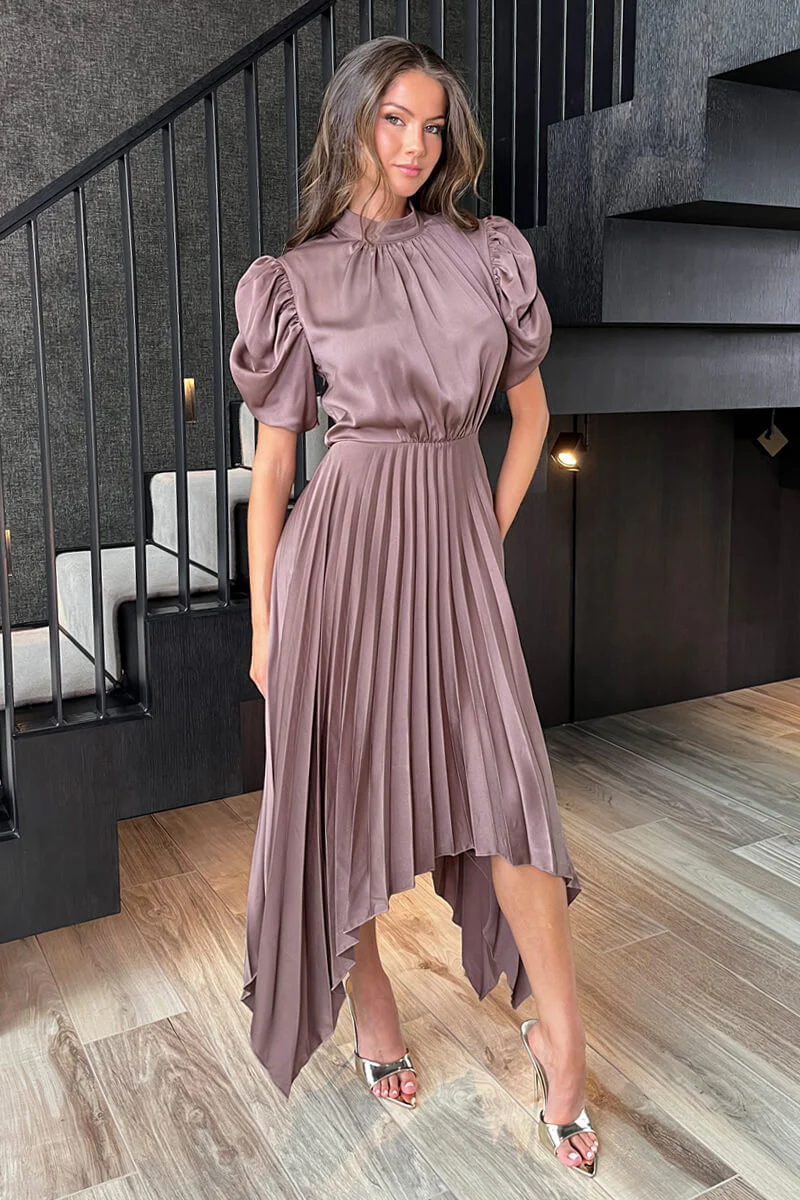 Taupe High Neck Puff Sleeve Zig Zag Hem Pleated Midi Dress - Image 2