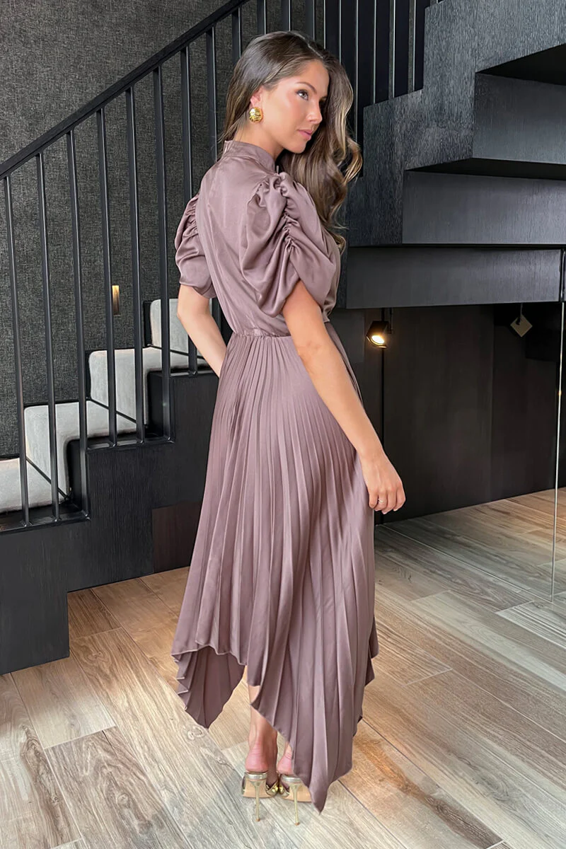 Taupe High Neck Puff Sleeve Zig Zag Hem Pleated Midi Dress - Image 4