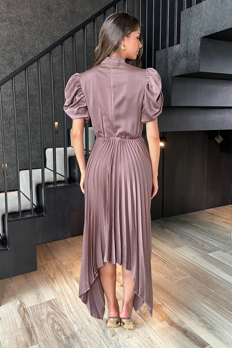Taupe High Neck Puff Sleeve Zig Zag Hem Pleated Midi Dress - Image 5