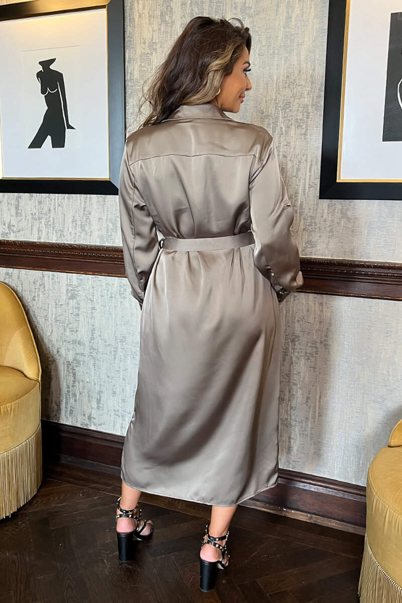 Taupe Satin Belted 3/4 Sleeve Gold Buttons Shirt Midi Dress - Image 4