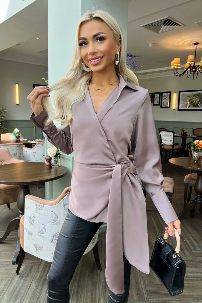 Taupe Satin Tie Waist Wrap Shirt