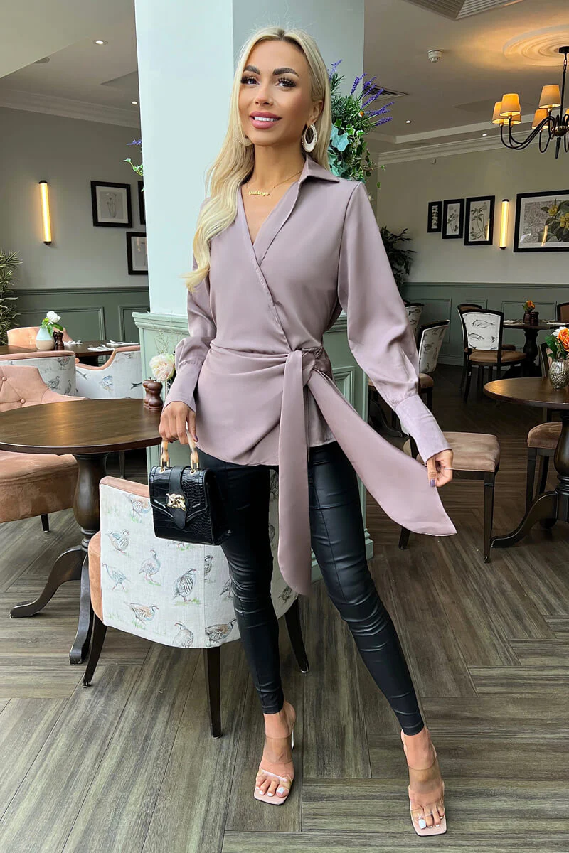 Taupe Satin Tie Waist Wrap Shirt - Image 2