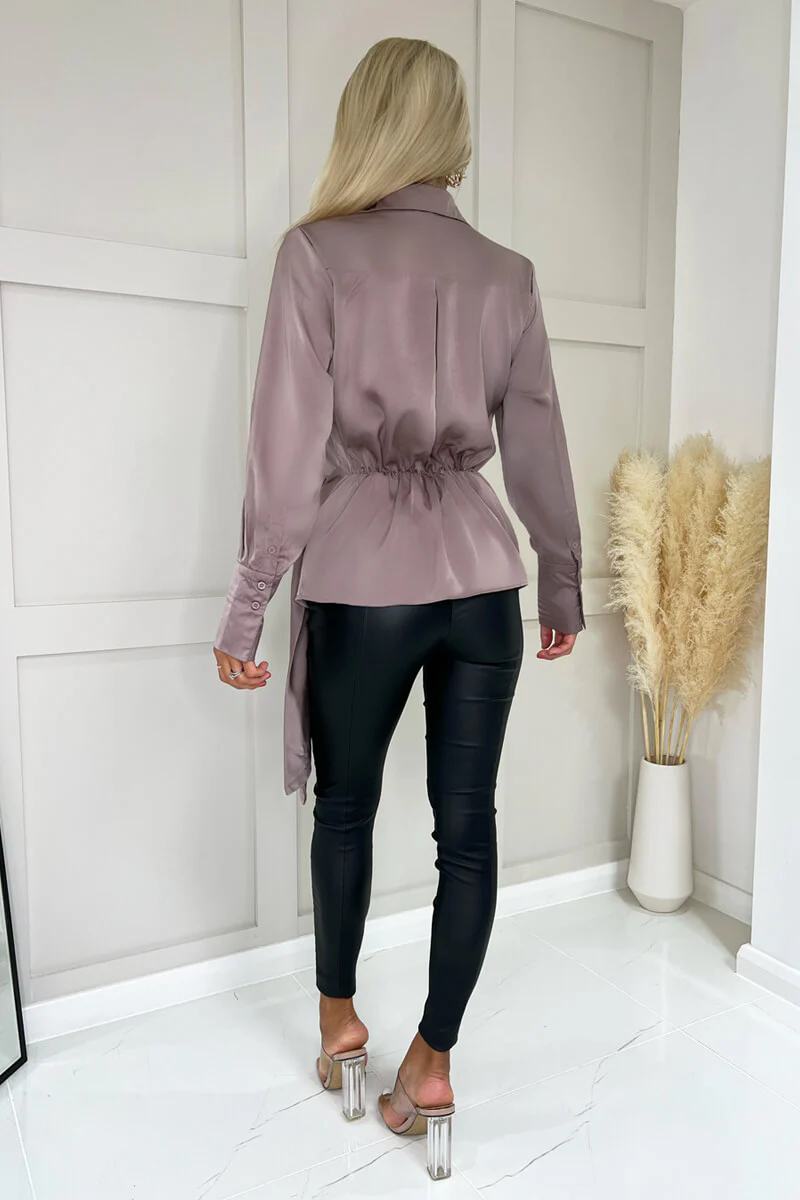 Taupe Satin Tie Waist Wrap Shirt - Image 4