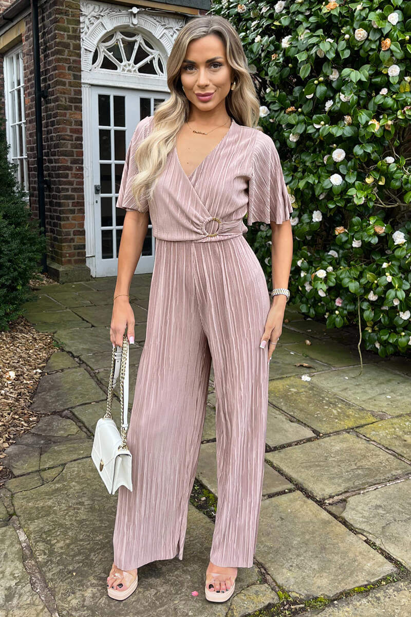 Taupe Wrap Top Short Sleeve Plisse Jumpsuit - Image 2