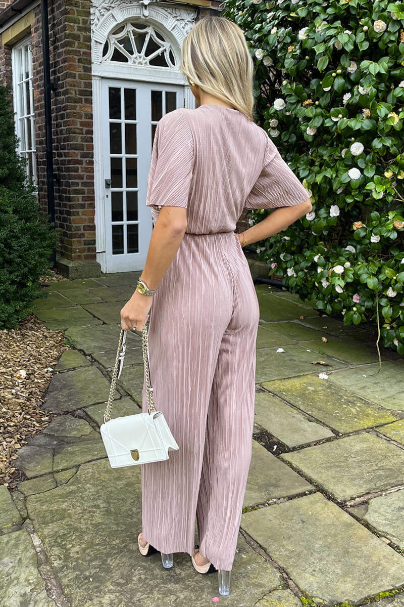 Taupe Wrap Top Short Sleeve Plisse Jumpsuit - Image 5