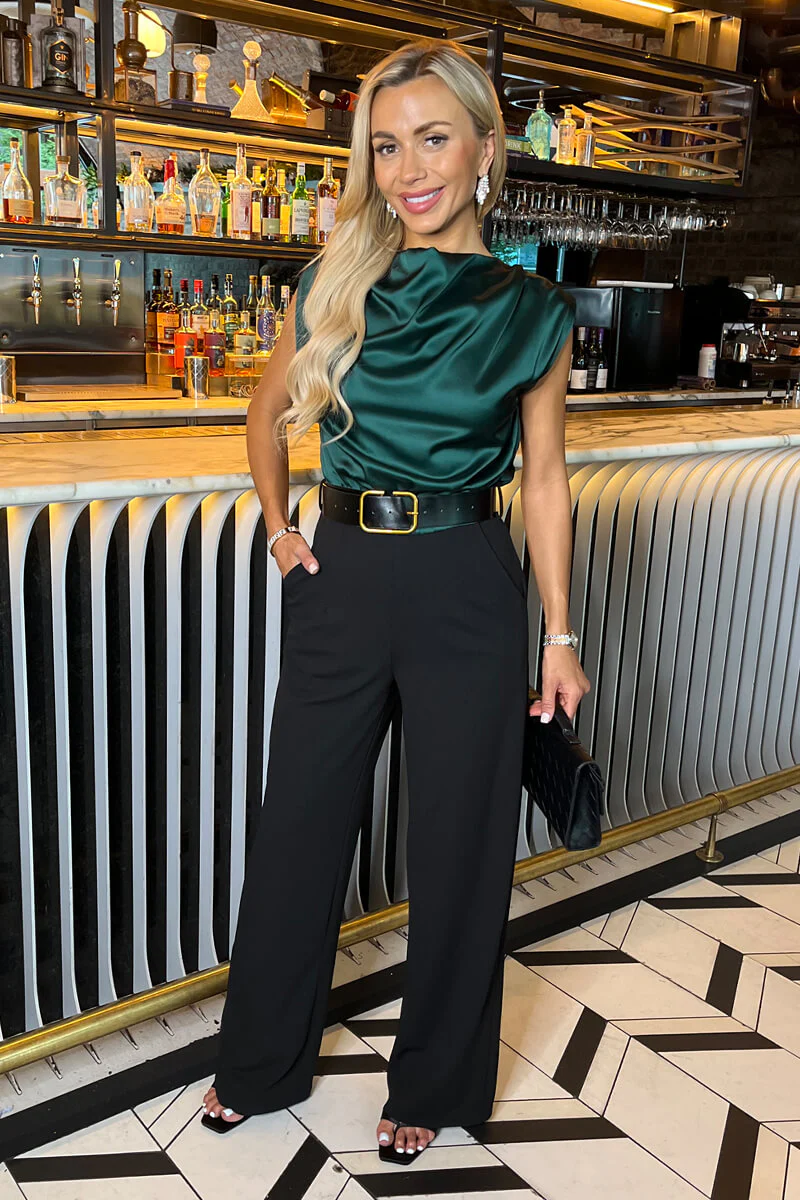 Teal 2 in 1 Draped Neck Belted Wide Leg Jumpsuit