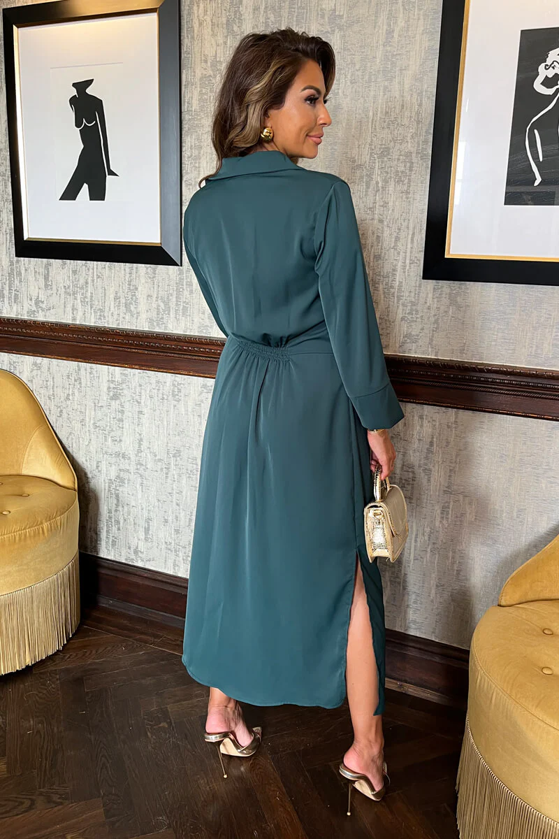 Teal 3/4 Sleeves Gathered Waist Shirt Midi Dress - Image 4