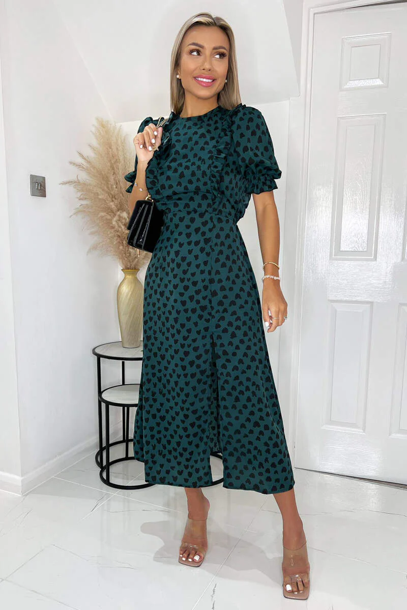 Teal And Black Heart Printed Frill Front Midi Dress - Image 3