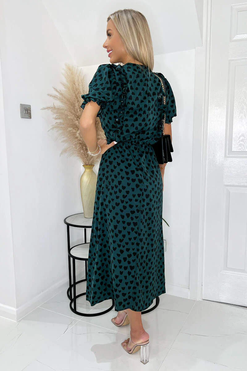 Teal And Black Heart Printed Frill Front Midi Dress - Image 4