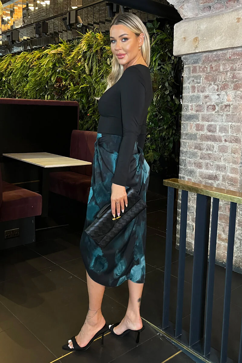Teal And Black Smudge Print 2 in 1 Gathered Skirt Midi Dress - Image 4
