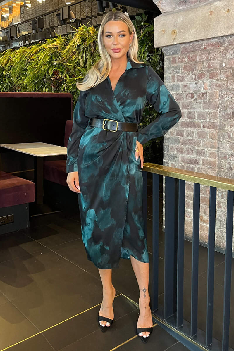 Teal And Black Smudge Print Belted Wrap Midi Shirt Dress - Image 3