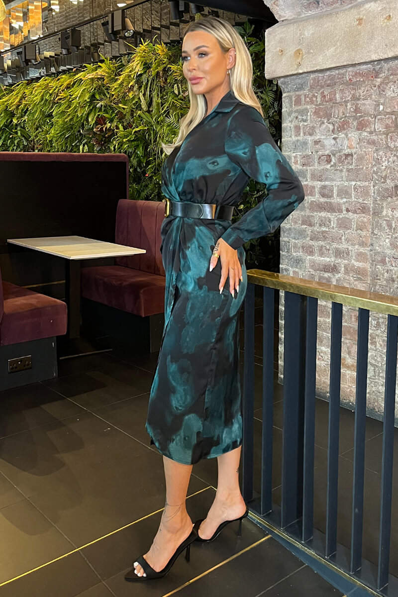 Teal And Black Smudge Print Belted Wrap Midi Shirt Dress - Image 4