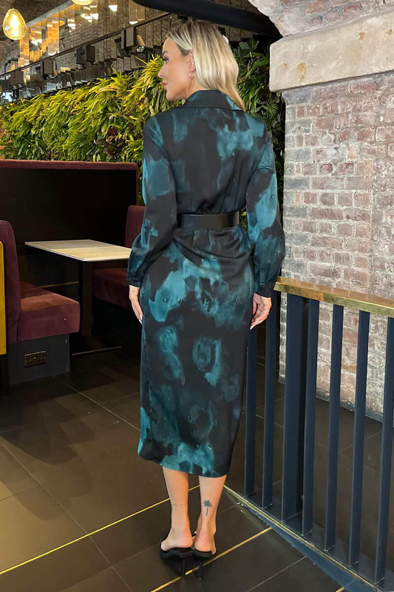 Teal And Black Smudge Print Belted Wrap Midi Shirt Dress - Image 5