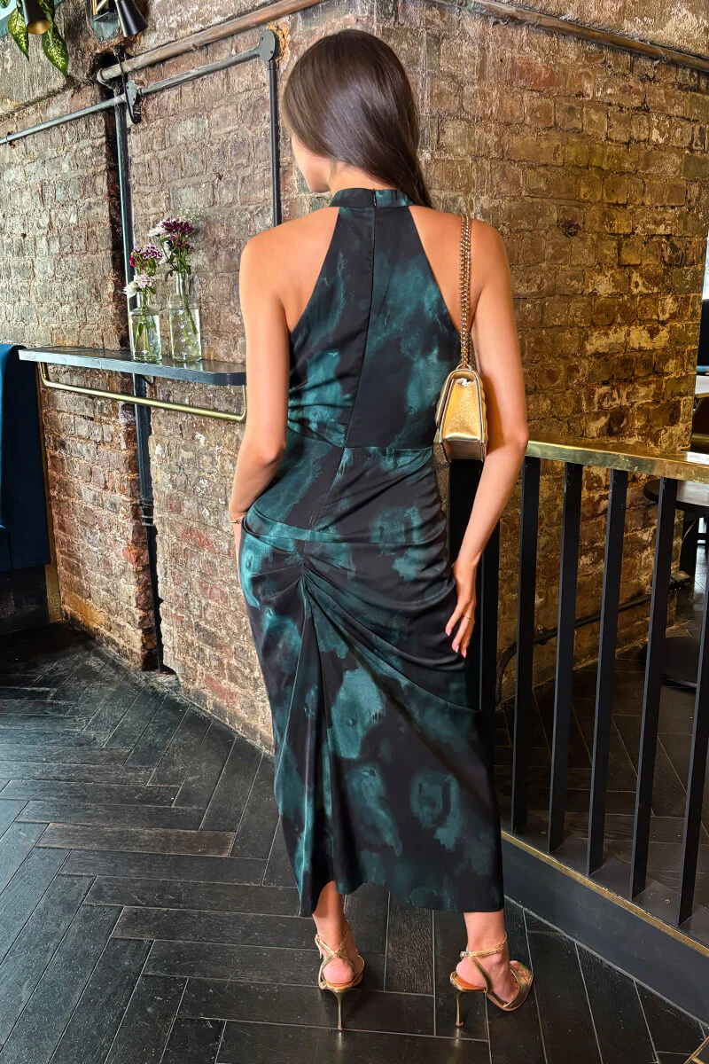 Teal And Black Smudge Print Halter Neck Knot Skirt Midi Dress - Image 5