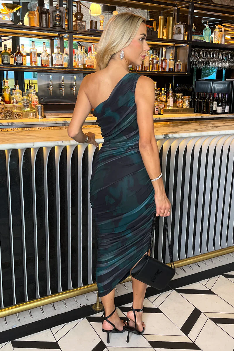 Teal And Black Smudge Print Mesh One Shoulder Asymmetric Hem Midi Dress - Image 5