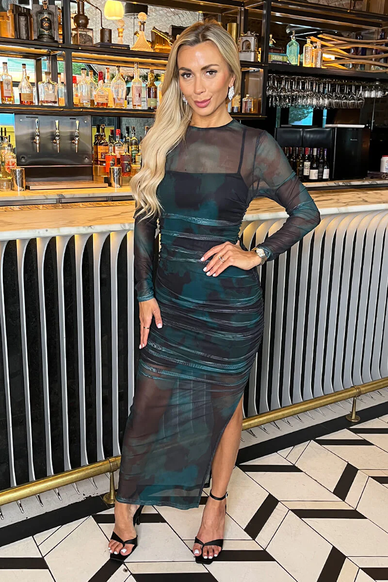 Teal And Black Smudge Print Mesh Overlay Long Sleeve Midi Dress - Image 2