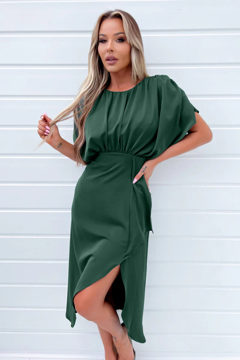 Teal Batwing Gathered Top Midi Dress - Image 3
