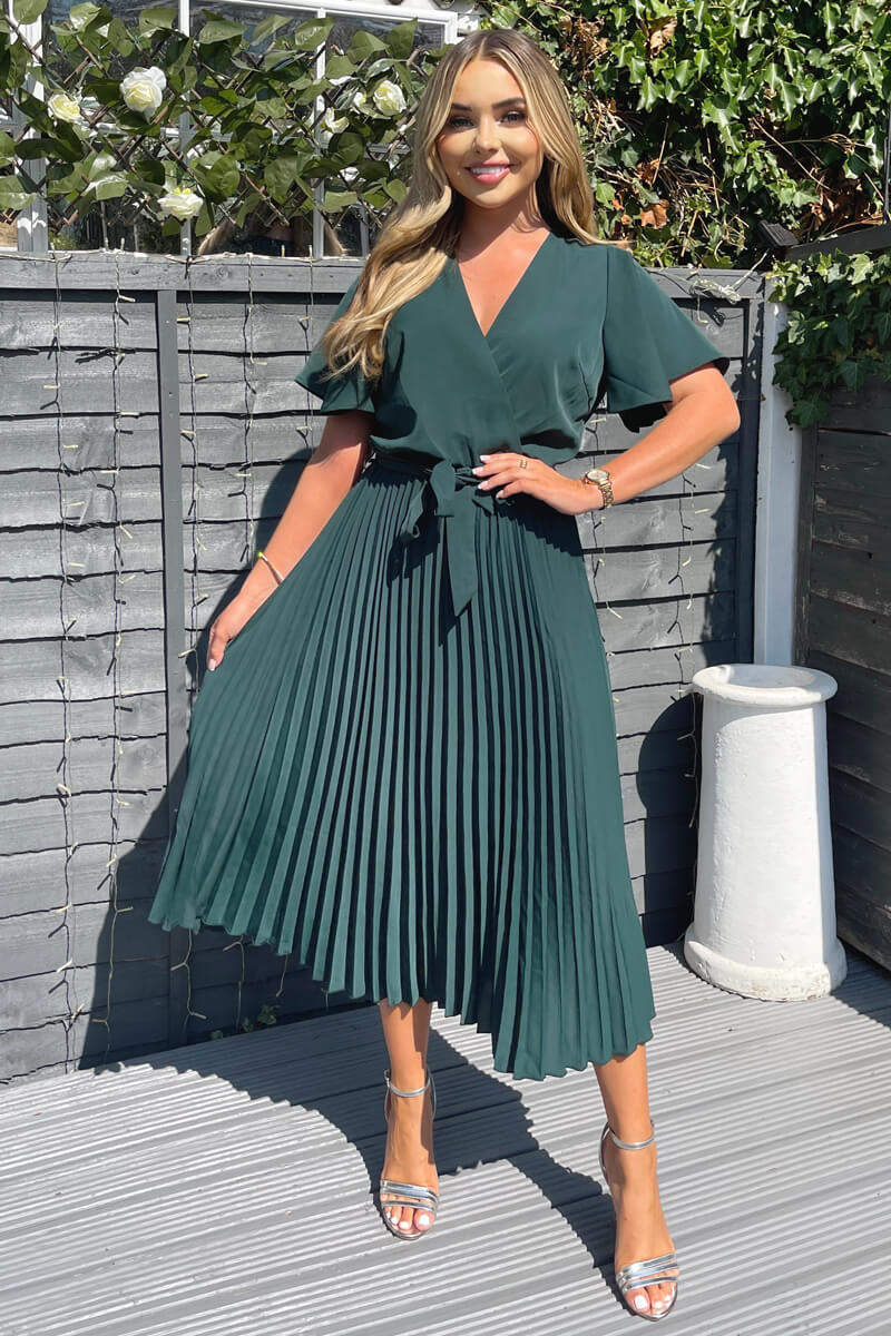 Teal Belted Pleated Skirt Midi Dress - Image 2