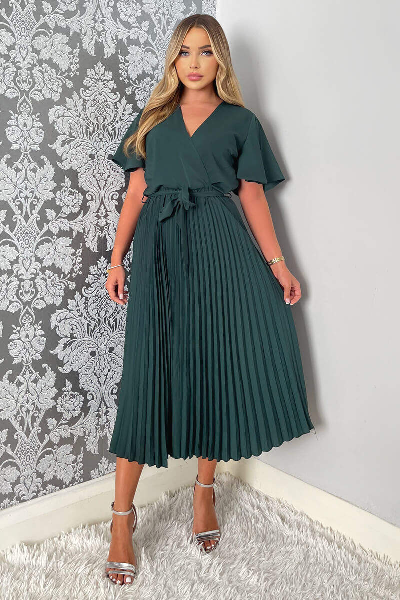 Teal Belted Pleated Skirt Midi Dress - Image 3