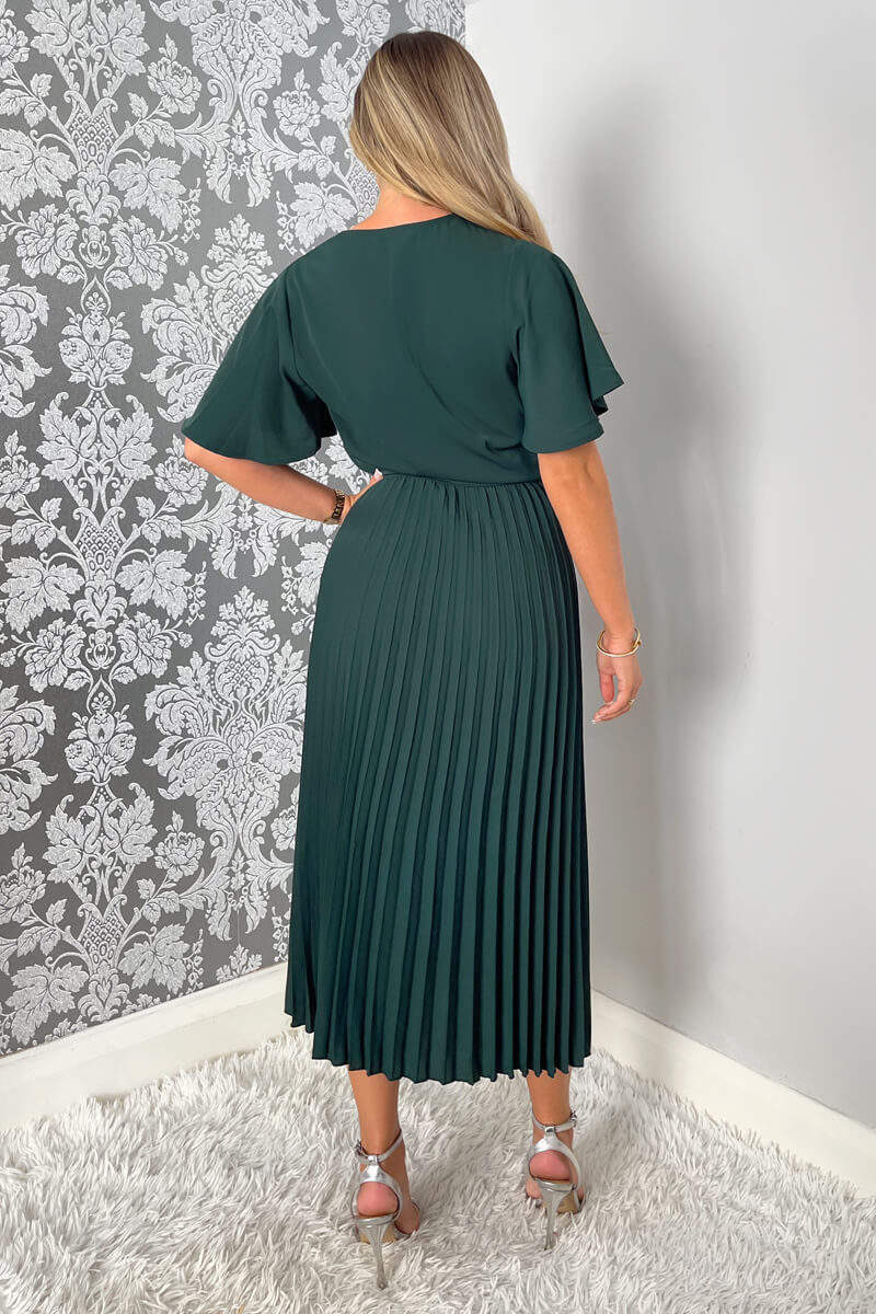 Teal Belted Pleated Skirt Midi Dress - Image 4