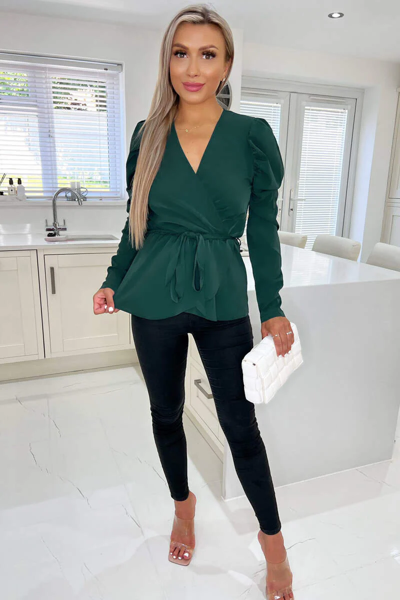 Teal Belted Wrap Long Sleeve Top - Image 2