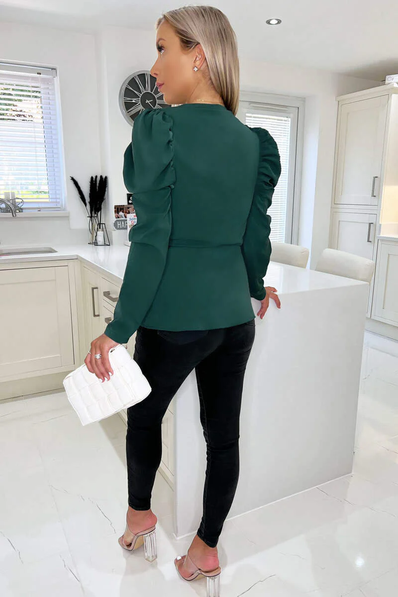 Teal Belted Wrap Long Sleeve Top - Image 4