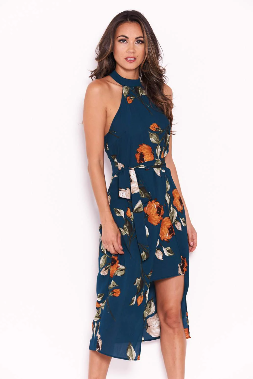 Teal Floral Midi Wrap Dress - Image 2
