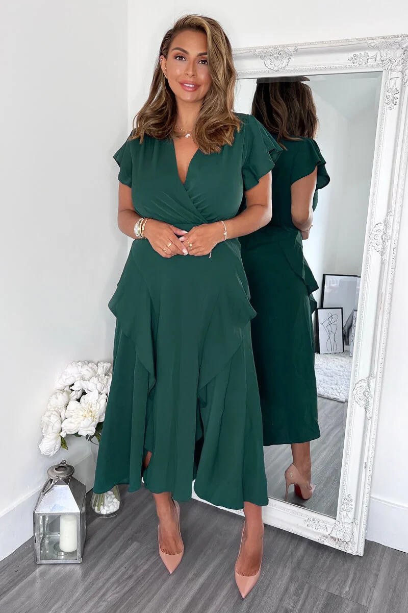 Teal Frill Detail Double Split Skirt Midi Dress - Image 2