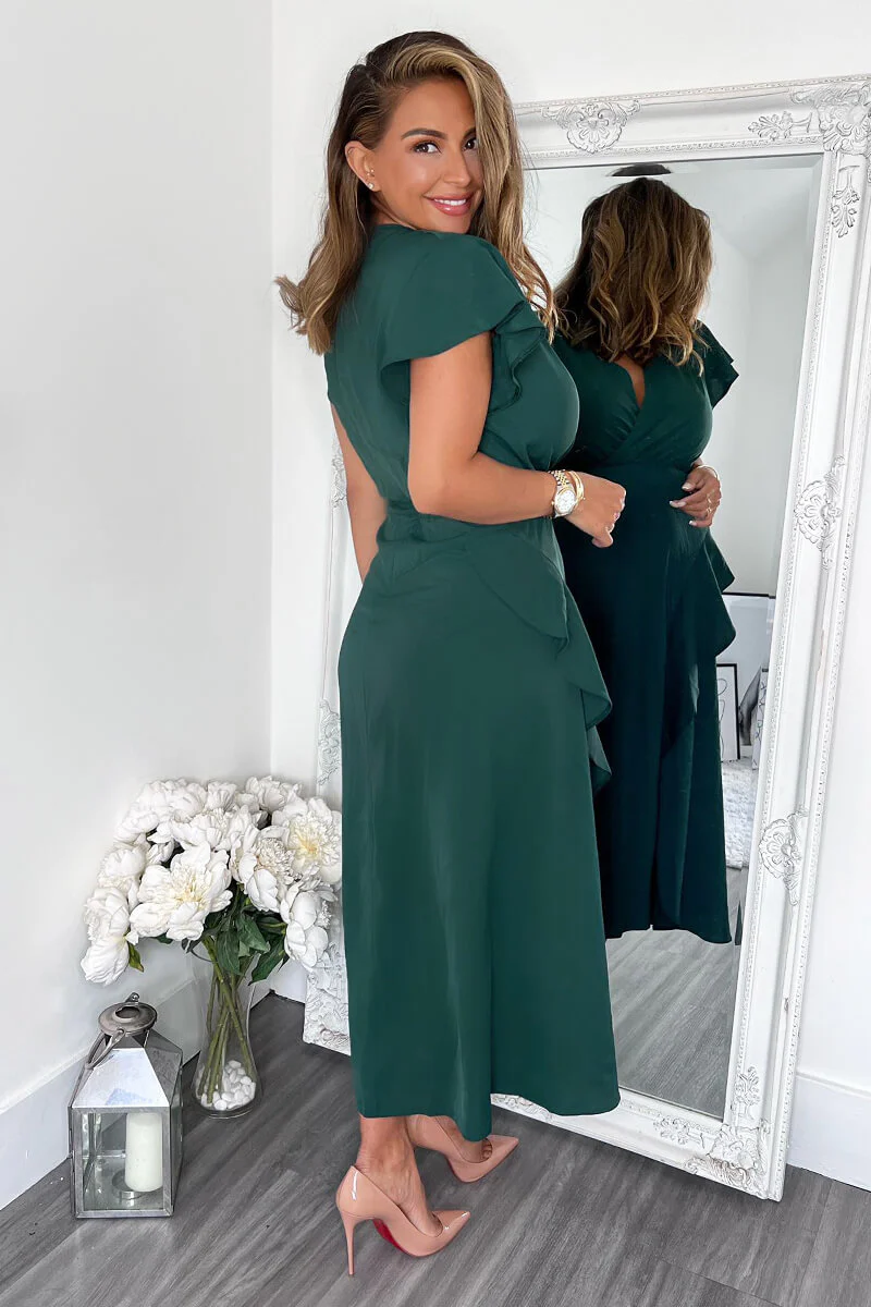 Teal Frill Detail Double Split Skirt Midi Dress - Image 4
