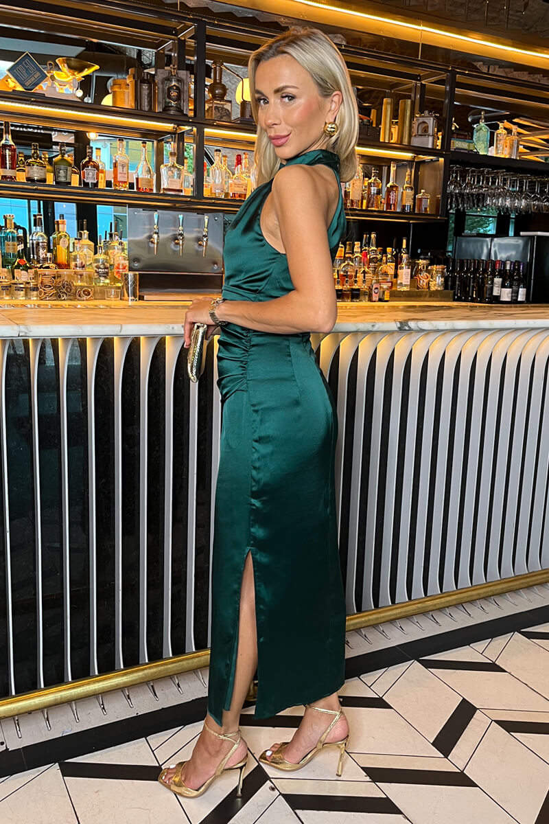 Teal Halter Neck Draped Waist Midi Dress - Image 4
