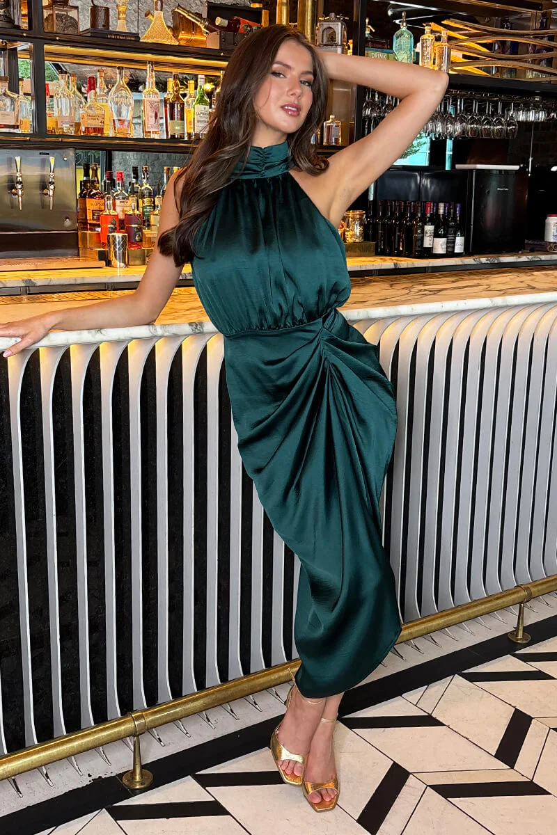 Teal Halter Neck Gathered Skirt Midi Dress - Image 3