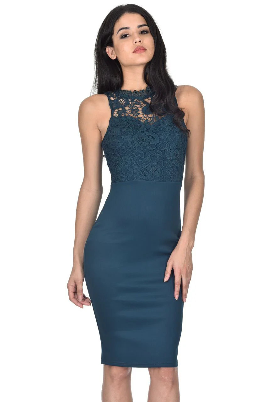 Teal High Neck Crochet Bodycon Dress - Image 2