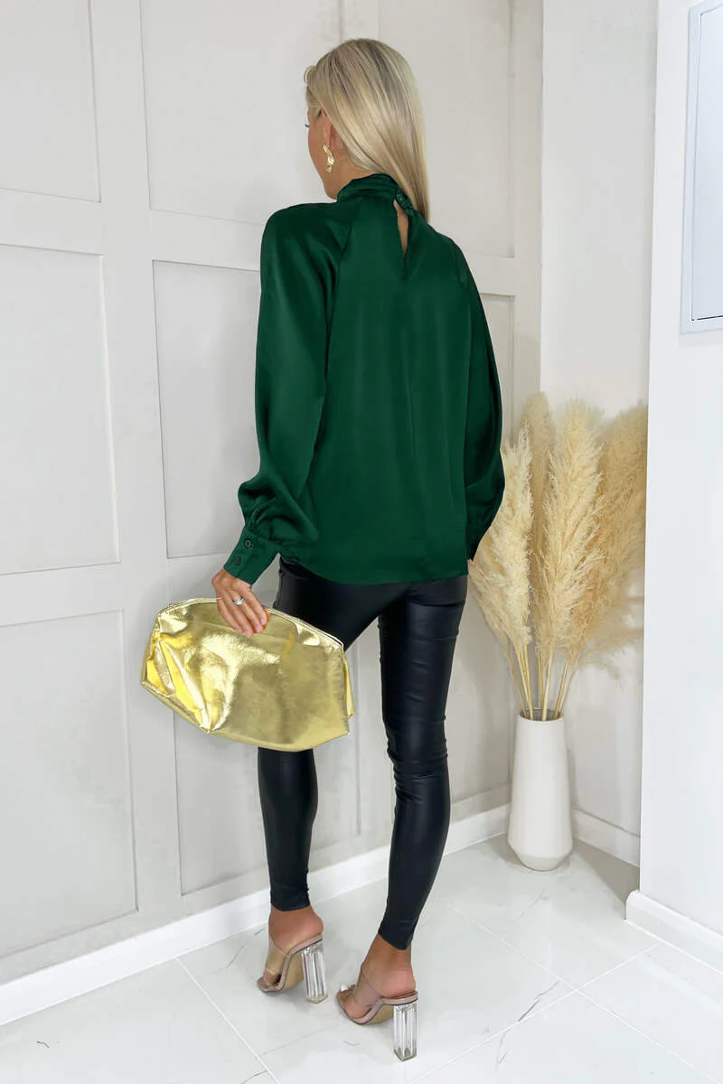 Teal High Neck Satin Long Sleeve Top - Image 4