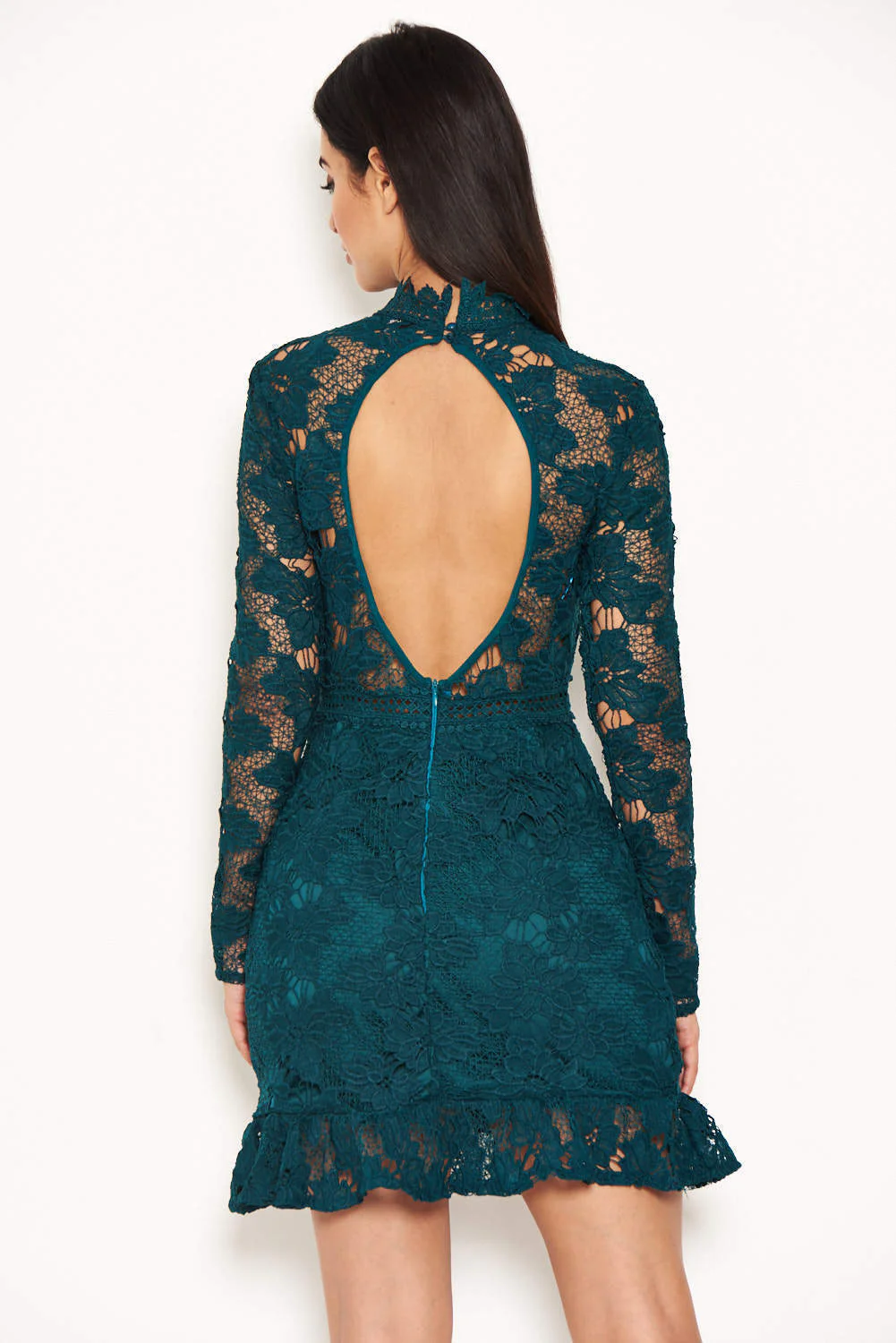 Teal Lace Dress With Frill Hem And Cut Out Back - Image 3