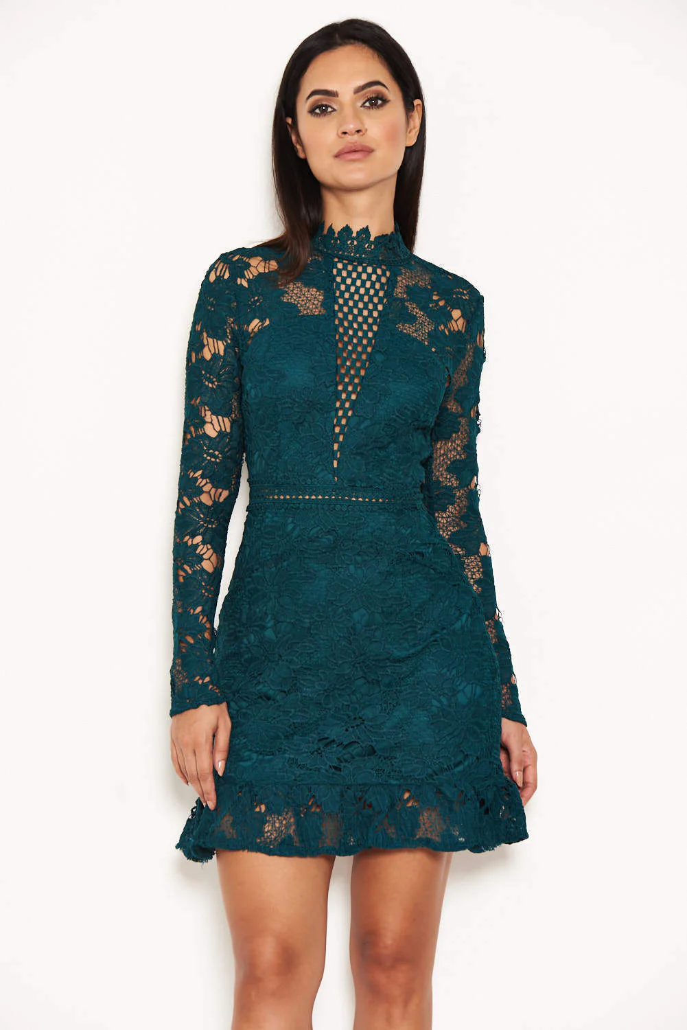 Teal Lace Dress With Frill Hem And Cut Out Back - Image 4