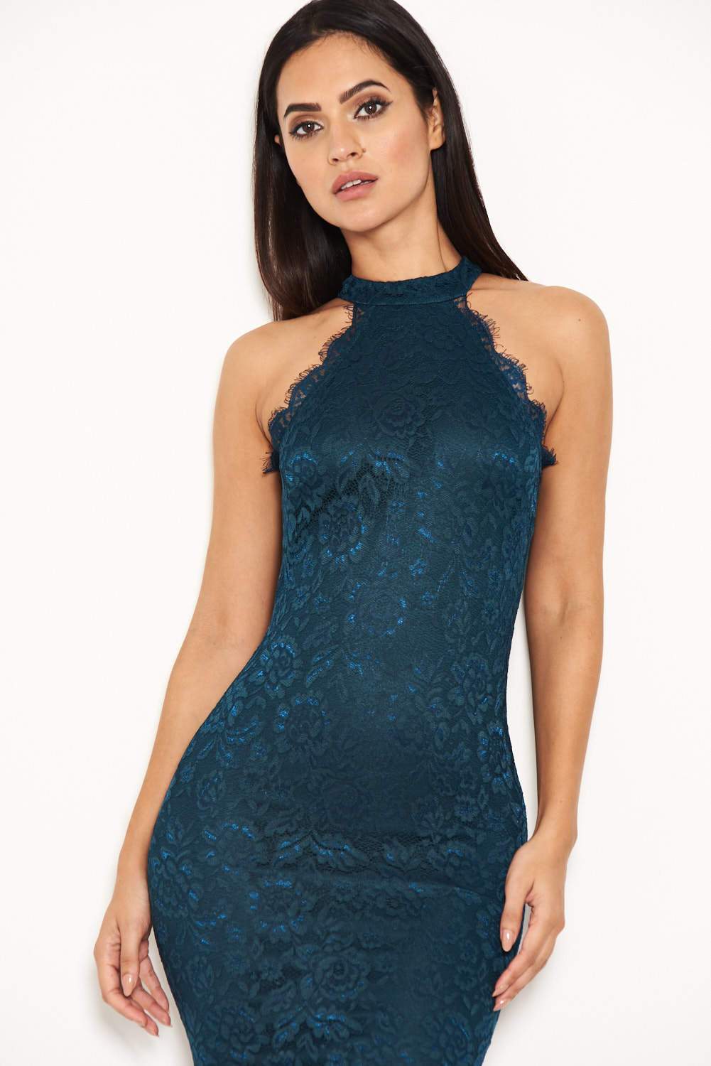 Teal Lace Halter Neck Midi Dress - Image 4