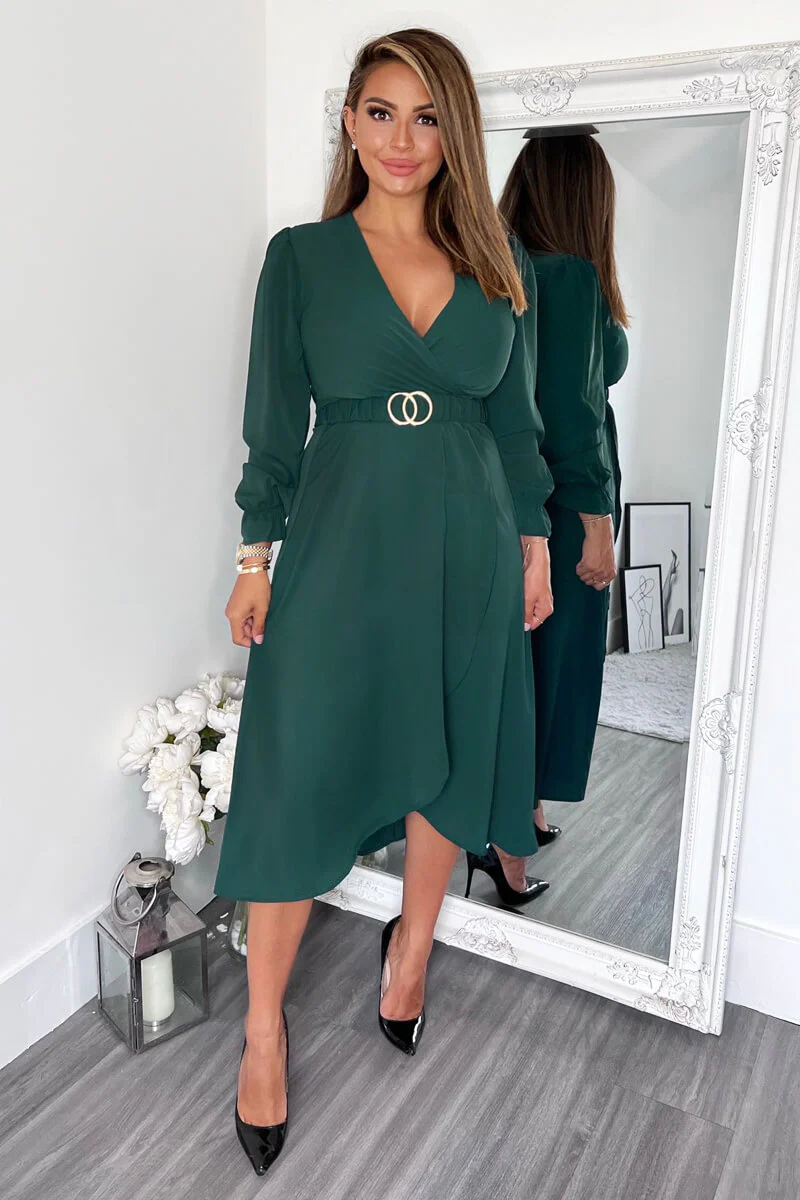 Teal Long Sleeve Belted Midi Dress - Image 2
