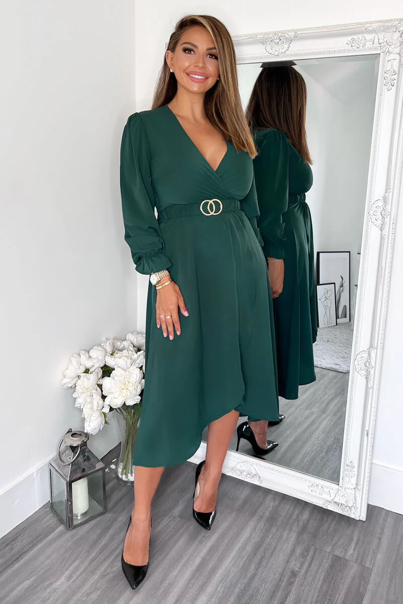 Teal Long Sleeve Belted Midi Dress - Image 3