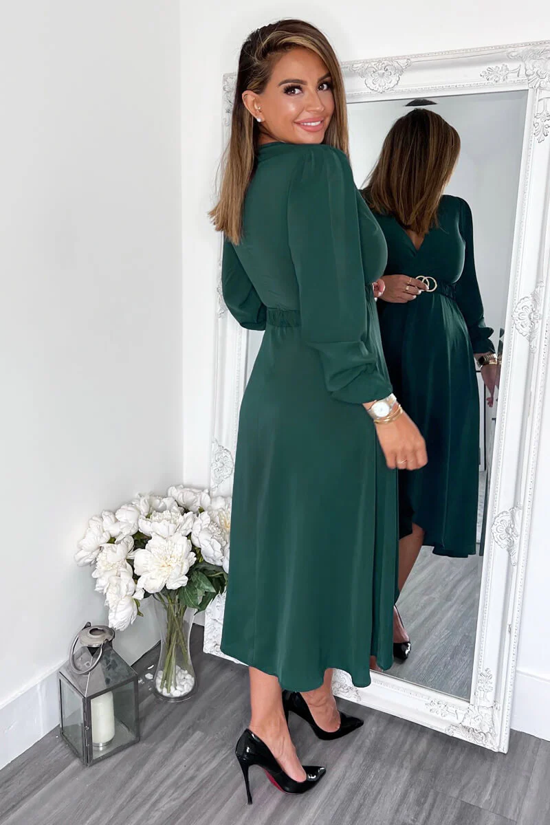 Teal Long Sleeve Belted Midi Dress - Image 4