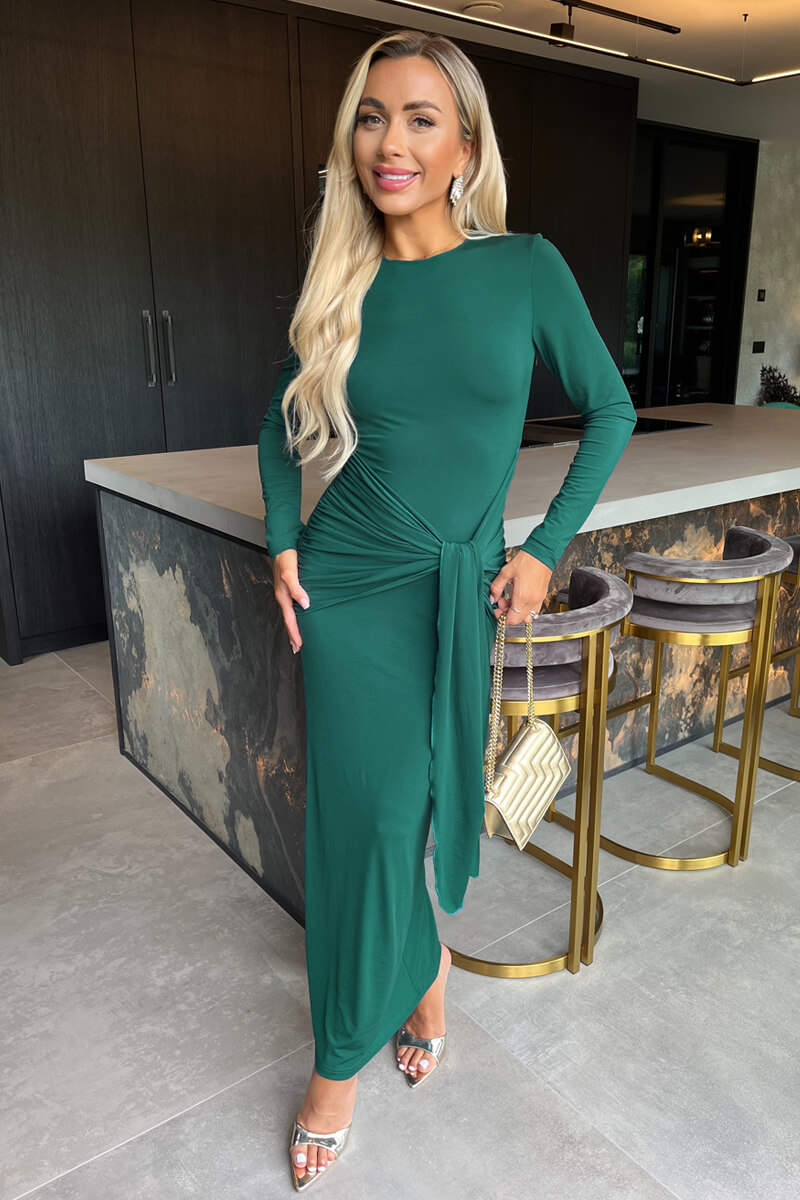 Teal Long Sleeve Sash Bodycon Midi Dress - Image 2