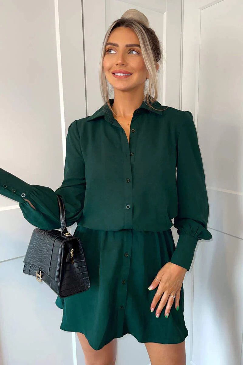 Teal Long Sleeve Shirt Dress With Elasticated Waist - Image 2