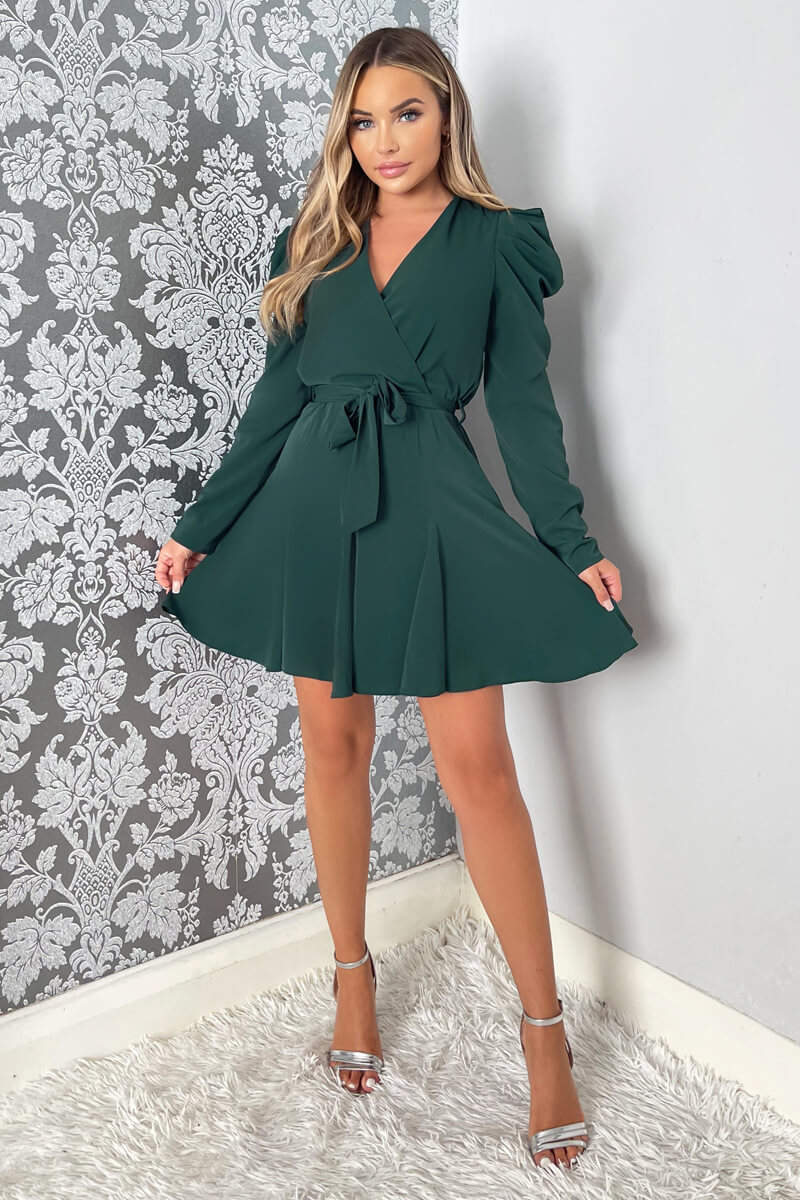 Teal Long Sleeve Tie Waist Skater Dress - Image 3