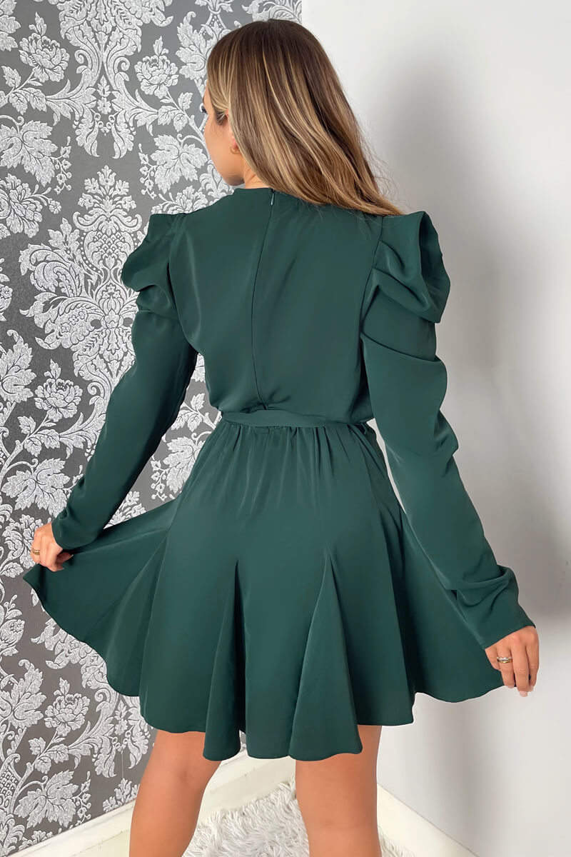 Teal Long Sleeve Tie Waist Skater Dress - Image 4