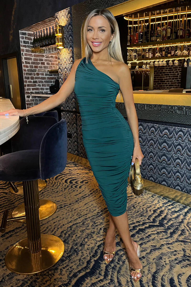 Teal One Shoulder Bodycon Ruched Midi Dress - Image 2
