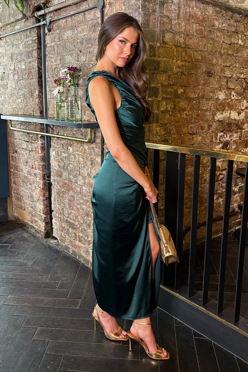 Teal One Shoulder Knot Skirt Satin Midi Dress - Image 4