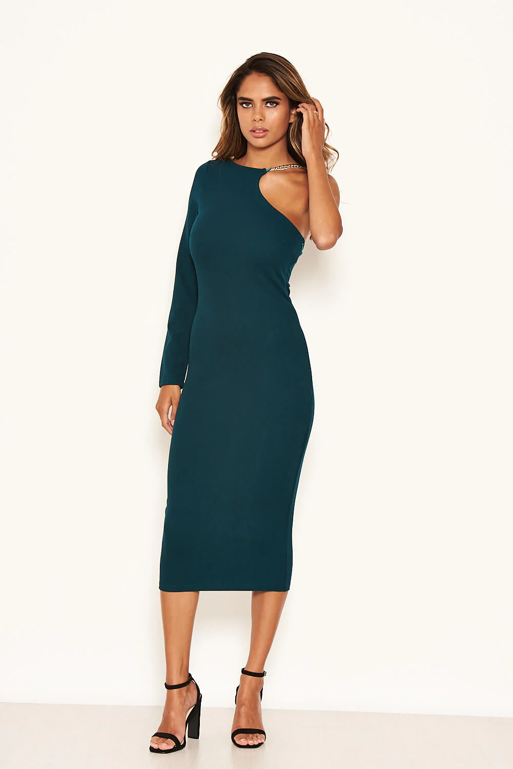 Teal One Shoulder Midi Dress With Chain Detail - Image 4