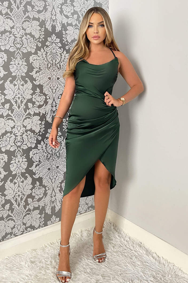 Teal Pleated Wrap Cowl Neck Satin Midi Dress - Image 2