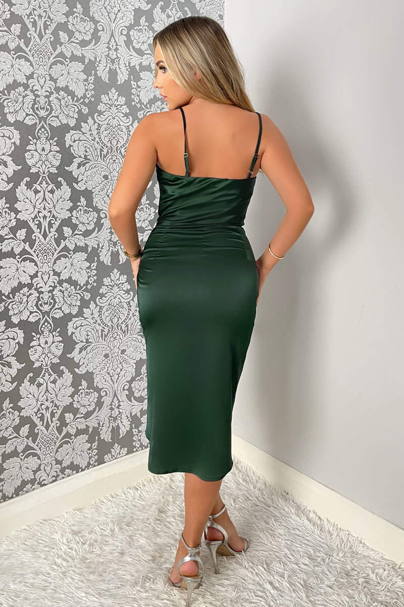 Teal Pleated Wrap Cowl Neck Satin Midi Dress - Image 4